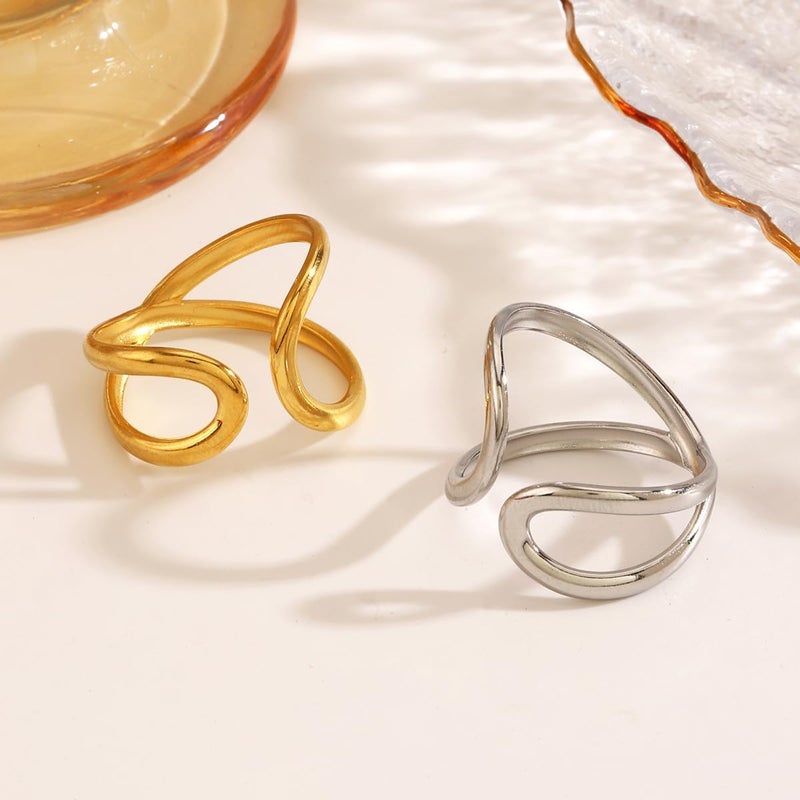 AiTURE Chunky Rings For Women, Gold Silver Thumb Ring Asymmetrical Wavy Curve Ring Adjustable Non Tarnish Dainty Stainless Steel New Year Anniversary Birthday Jewelry Gift - Image 4